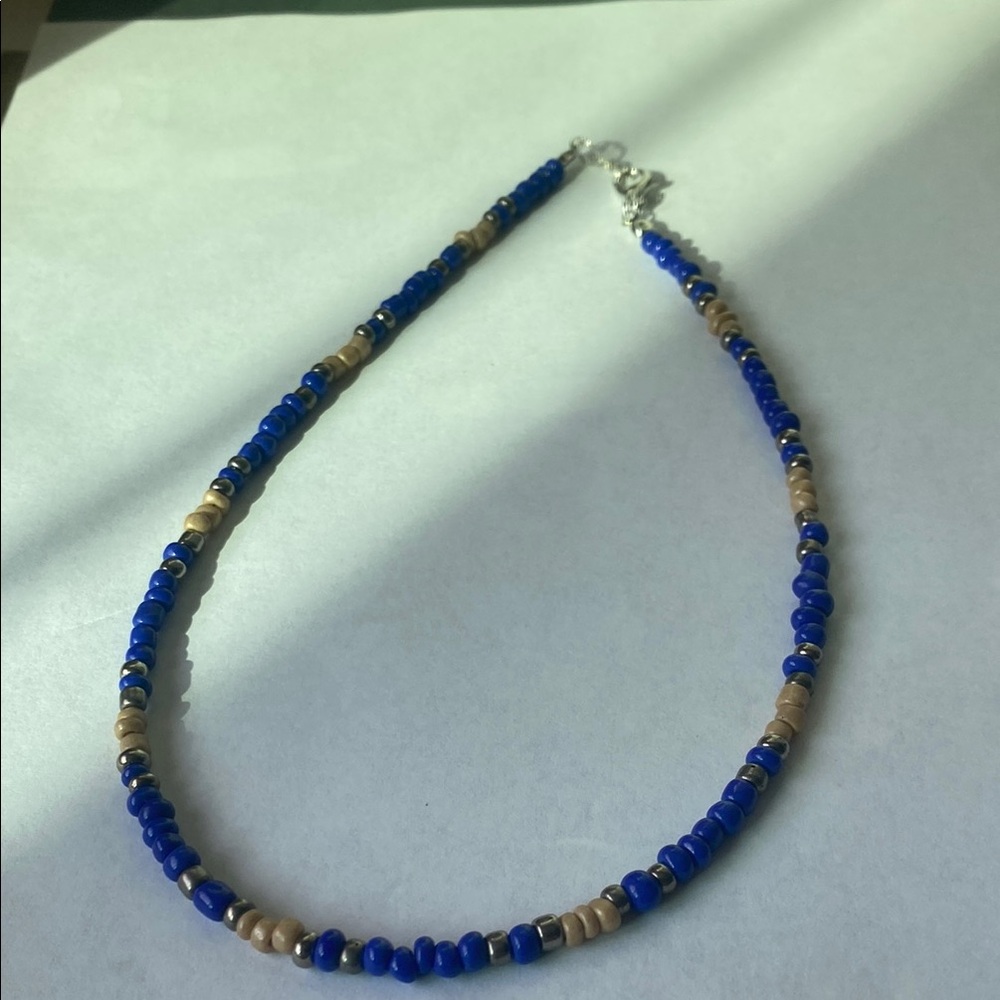 Handmade Blue and Tan Beaded Necklace